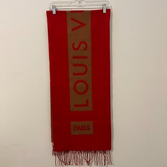 LOUIS VUITTON Oversized Logo Scarf Cashmere Camel Red Mint Condition - Picture 2 of 10